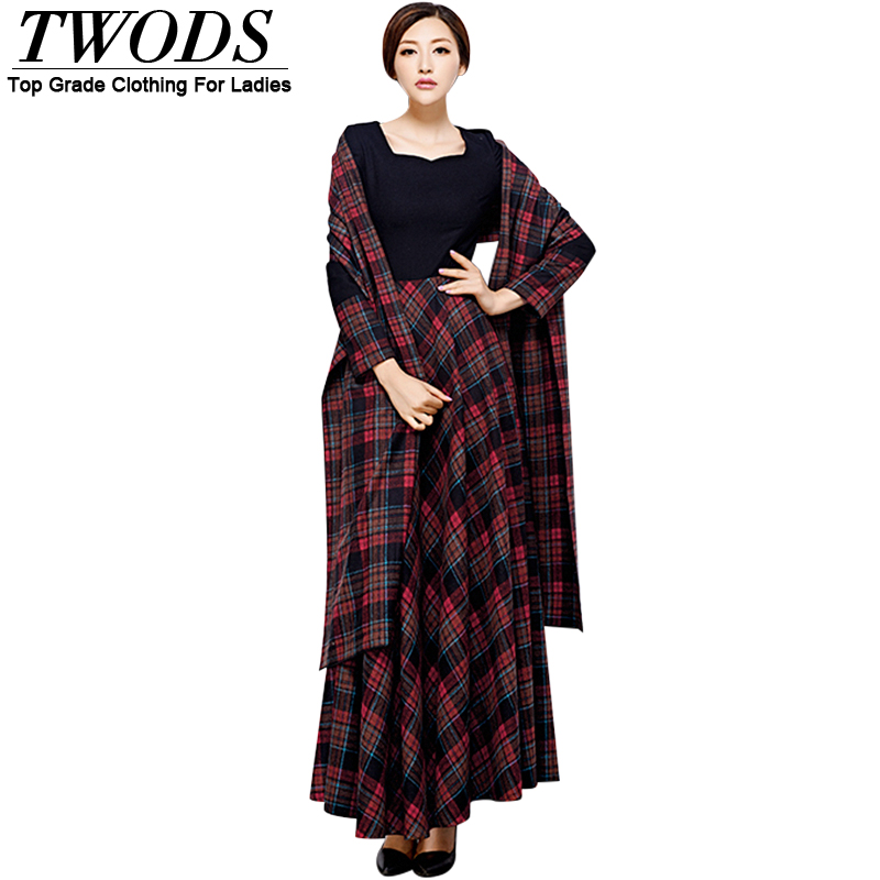 Twods cotton plaid full dress autumn and winter dress with scarf maxi long dress