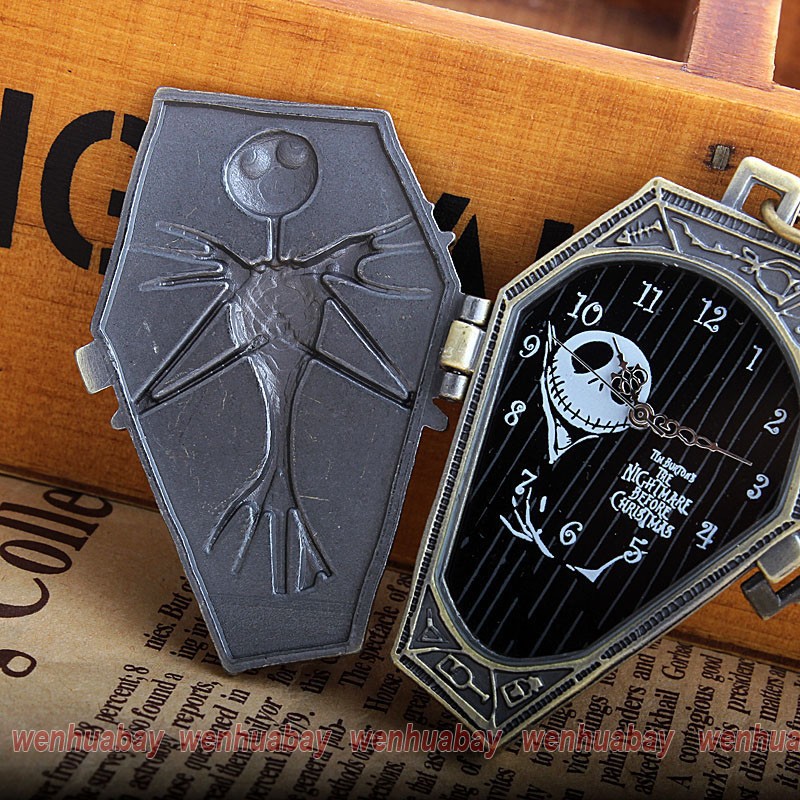 5PCS Wholesale Childs Skull Skeleton Coffin Bronze Chain Nightmare Before Christmas Halloween Gift Men&Wemom Quartz Pocket watch