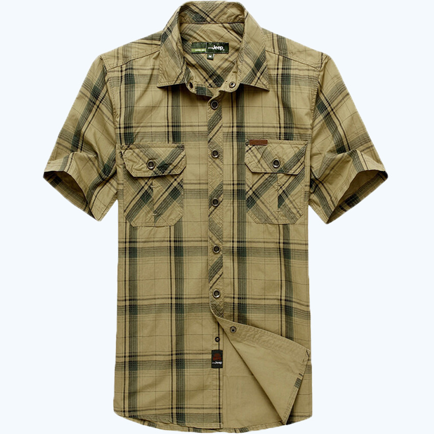AFS JEEP Men Shirt Brand Summer Dress Men s Short Sleeve Shirt Plaid Style Plus Size