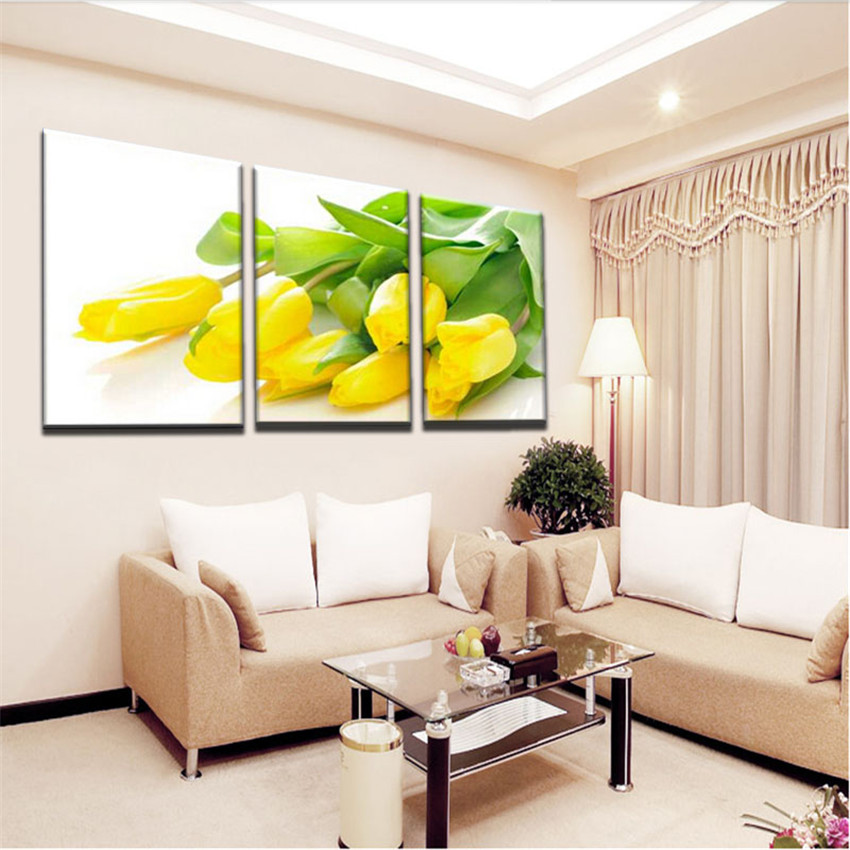 3 Panel Large Yellow Tulip Flowers Picture Painting Cuadros Decoracion Modern Home Decoration Printed Oil Painting Bedroom Decor