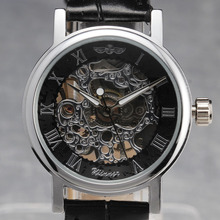 2015 ganador nuevos mujeres con estilo del reloj esfera blanca skeleton leahter correa automático mecánico de viento reloj de pulsera mejor regalo