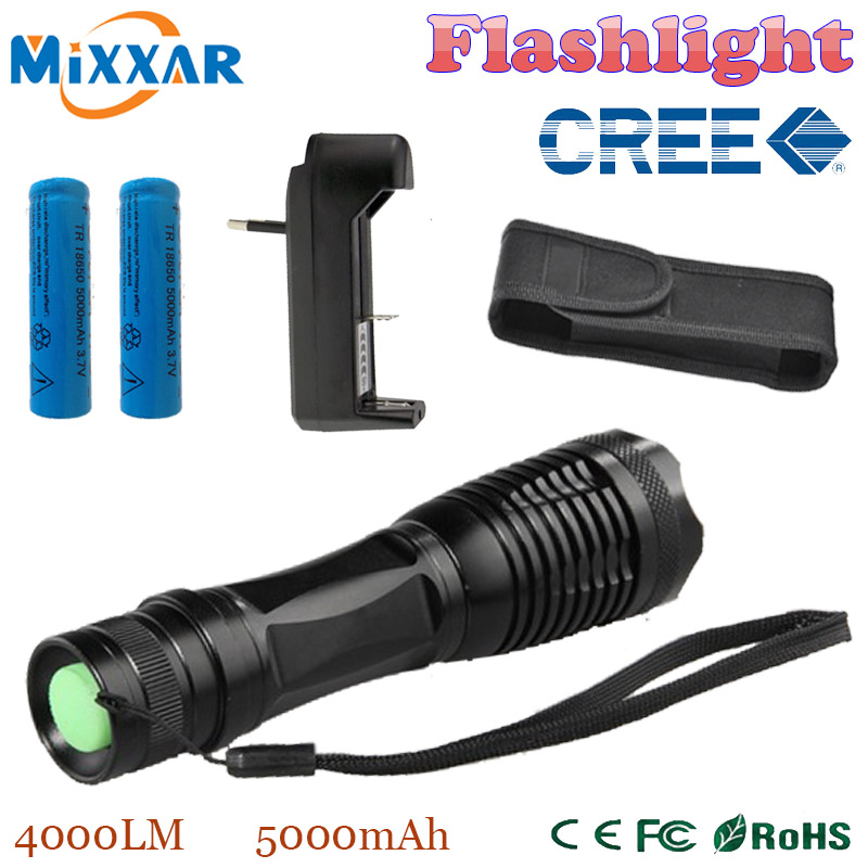 RUzk5 LED torch XML-T6 4000LM Led flashlight r Focus lamp Zoomable lights+Charger + 2*18650 5000mAh Rechargeable battery+Holster