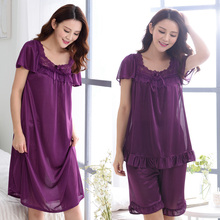 New 2016 round neck silk women’s sleepwear with short sleeves lace sexy pajama set Free home delivery