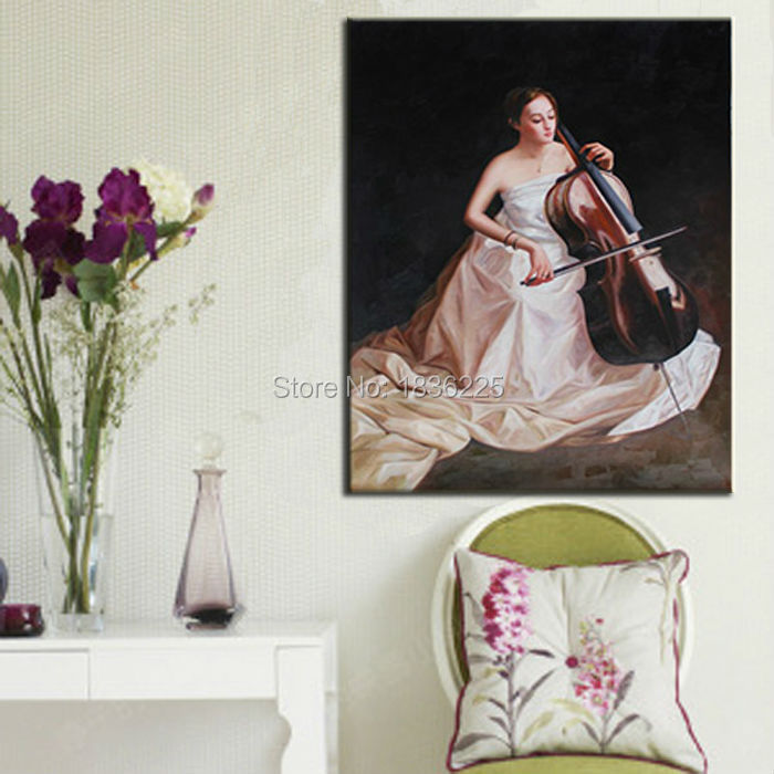 handmade oil painting beautiful Chinese girl with musical instrument cello music oil painting for living room decoration(China (Mainland))
