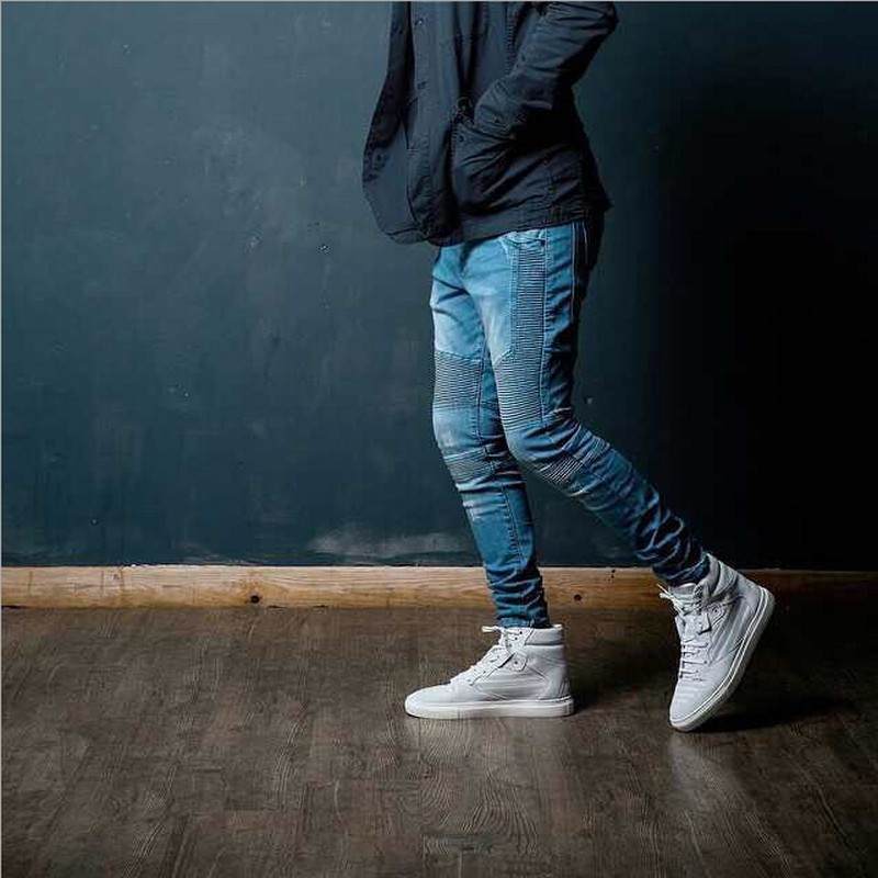 Mens Skinny jeans men 2015 Runway Distressed slim elastic jeans denim Biker jeans hiphop pants Washed black jeans for men blue