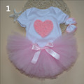 2016 3pcs Set Baby Girl Crown Heart tutu Dress Birthday Party Outfit Romper Bubble top Headband