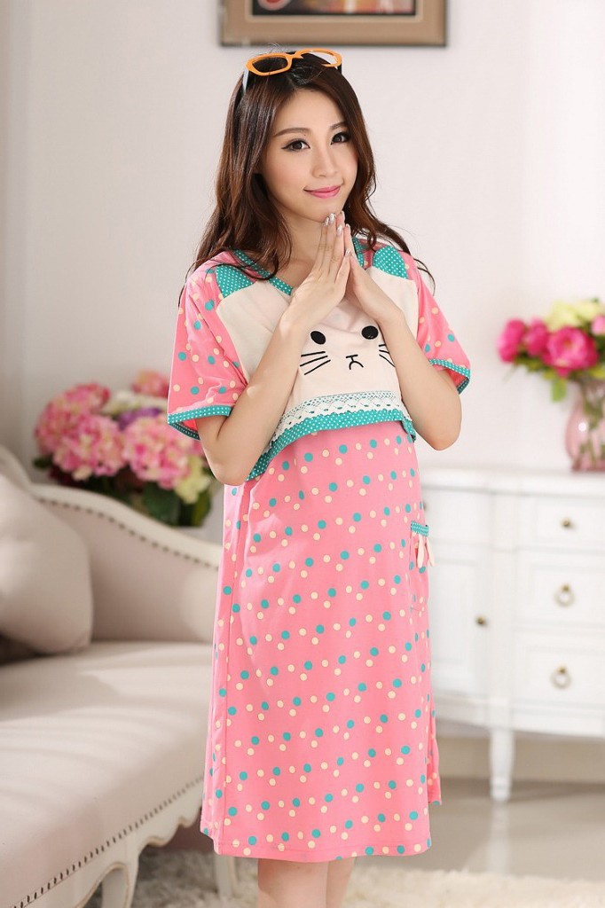 Plus size Kawaii Kitty Pink dots loose pregnant women maternity clothing for breast feeding homecoming dress lactating gowns 10