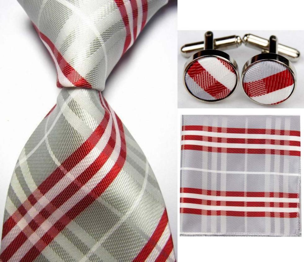 SNT0422 Gray Red Stripes New Ties Solid Plain Hanky Handkerchief Cufflinks Men s Business Casual Party