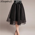 Neophil 2016 Fashion Black Pink Tulle High Waist Bow Midi Skirts Girls Women Organza Mesh Pleated