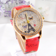 New Design Fashion Paris Style Tower Butterfly PU Leather Women Watch free shipping