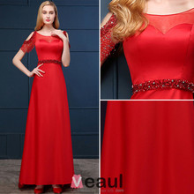 Red Evening Dresses 2016 Elegant Chiffon Hollow Sleeve Prom Dresses Sheer Neck Ankle Length Beaded Party Dresses 641709