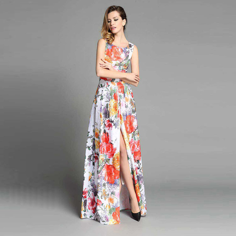 Women Long Dress 2016 Summer Runway Brand Fashion  Elegant Sleeveless Floor-Length Patchwork New Dress