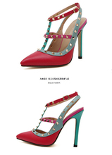 2015 Hot Fashion Women Shoes Pumps Spell Color Pointed Toe High Heels Buckle Studded Stiletto Heel