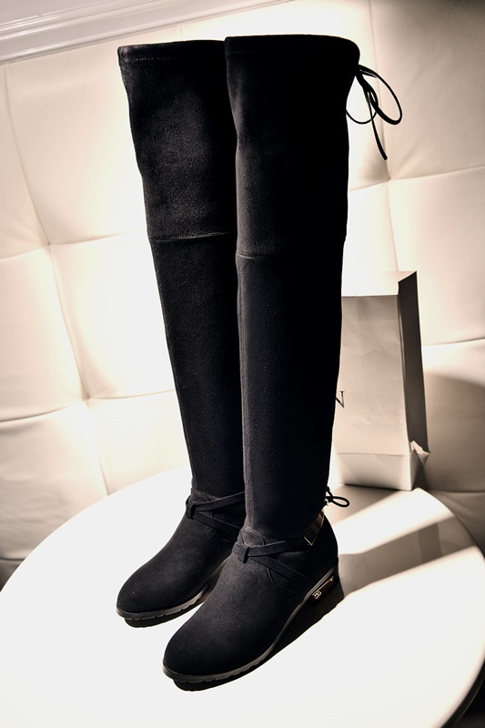 Woman Sequined Knee Boots Winter Short Plush Nubuck Leather Buckle Long Boots  Black high Quality Cowhide Sequined Knee Boots