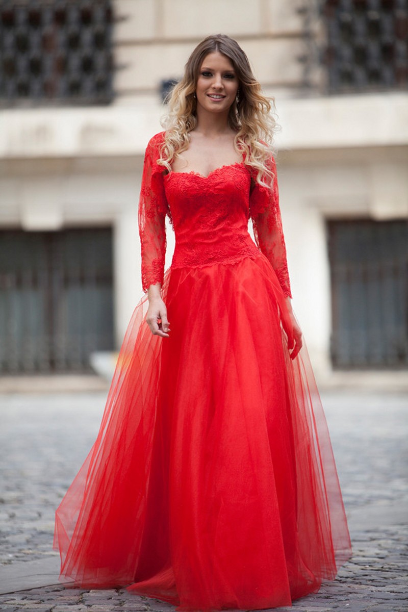 Elegant Long Red Lace Prom Dress Sexy Sweetheart Tulle Party Evening 