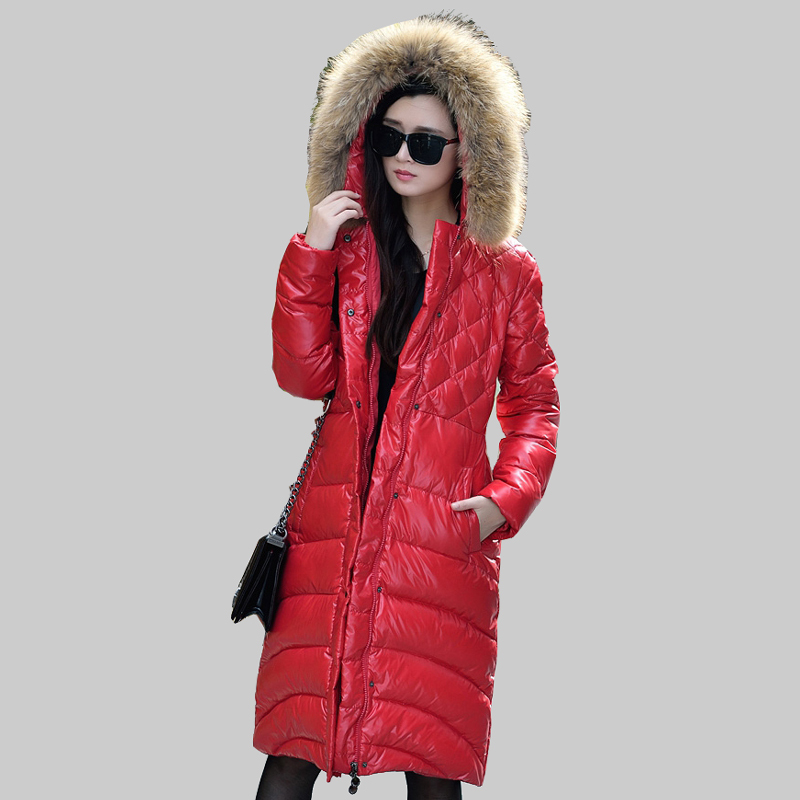 European Style 2015 New X-Long Winter Jacket Women Black Hoodies Slim Parkas Mujer Thick Fur Collar Duck Down Coat Female YB794