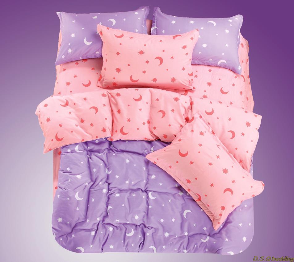 Adult Kids Purple Pink Moon Star Dot Bedding Set King Queen Full