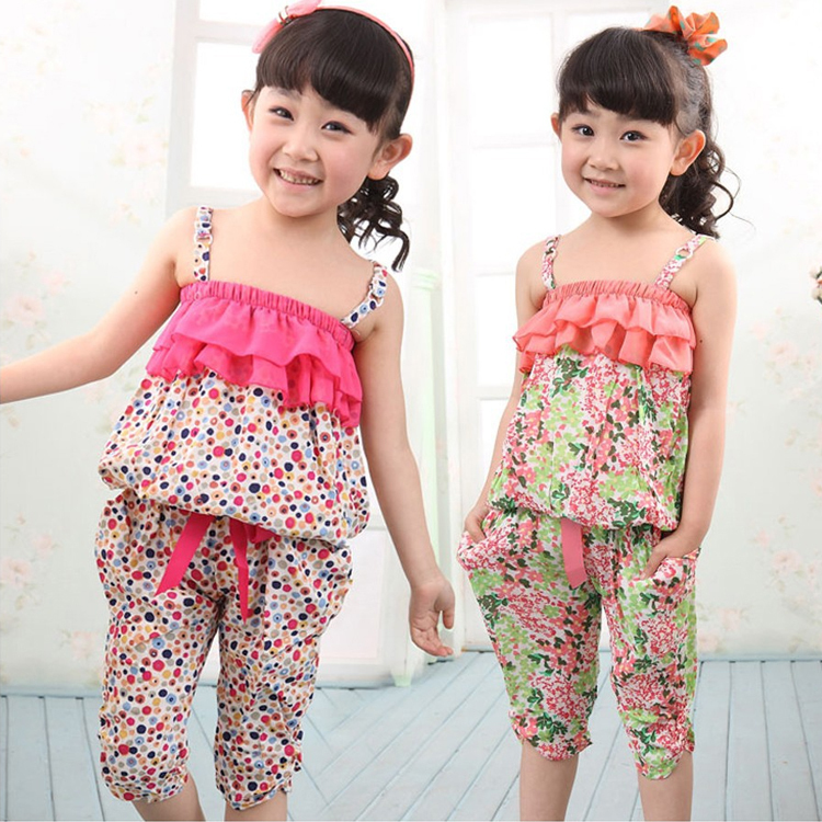 Free Shipping 2015 Summer New Children Clothing Sets Baby Girls Spaghetti Strap Top Twinset Harem Pants