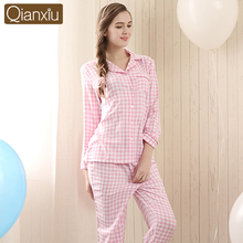 New Plaid women long-sleeve cotton sleep pajama sets female nightwear lady floral Pyjamas nightgowns teenage pijamas sleepwear