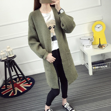 Autumn and winter female medium-long sweater outerwear cardigan thick loose lantern sleeve V-neck pocket sweater