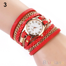 2014 New FAshion Hot Colorful Vintage women watches Weave Wrap Rivet Leather Bracelet wristwatches watch 0YUW