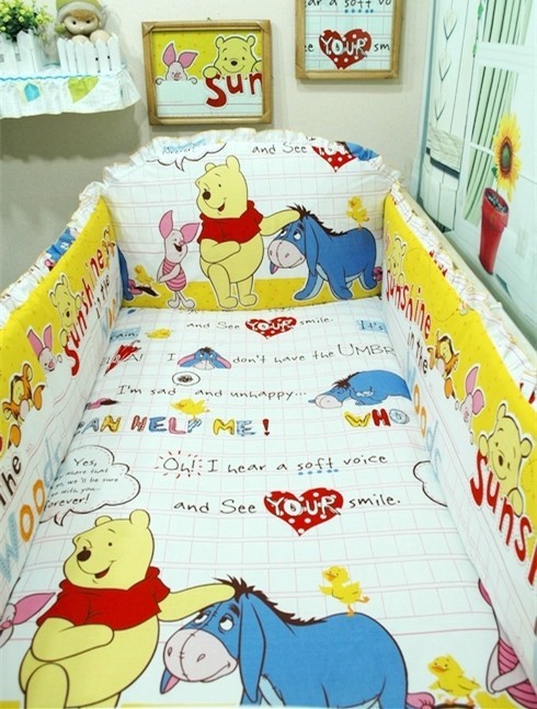 Promotion! 6pcs Winnie Baby Bedding Set For Cot and Crib Baby Cradle Kit ,include (bumpers+sheet+pillow cover)