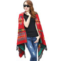 Fringe Ethnic Geometric Cardigan Sweater winter Hooded Outwear Wool Blend Ethnic style print Blanket Cloak Women