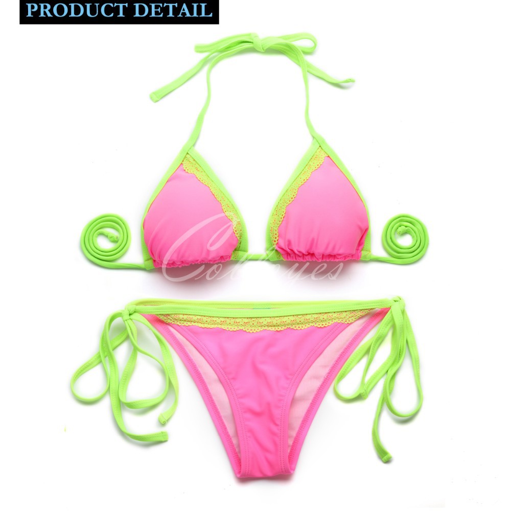 CA151002-104 Colloyes Ladies Newest Sexy Pink + Green Lace Triangle Top + Classic Cut Bottom Bikini Swimwear Lovely Candy Triangl Bikini Suit (6)