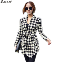 Sagace Korean Style Womens Houndstooth Pattern Thin Cardigan Coat Fashion Lady Asylummetric Plaid Jacket Waistbelt Outwear Aug12