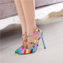 2105 Hot Fashion Women Shoes Pumps Spell Color Rainbow Pointed Toe High Heels Buckle Studded Stiletto