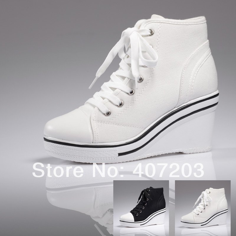 Women's Wedge High Heel High Top Sneakers Ankle Boots White/Black Free