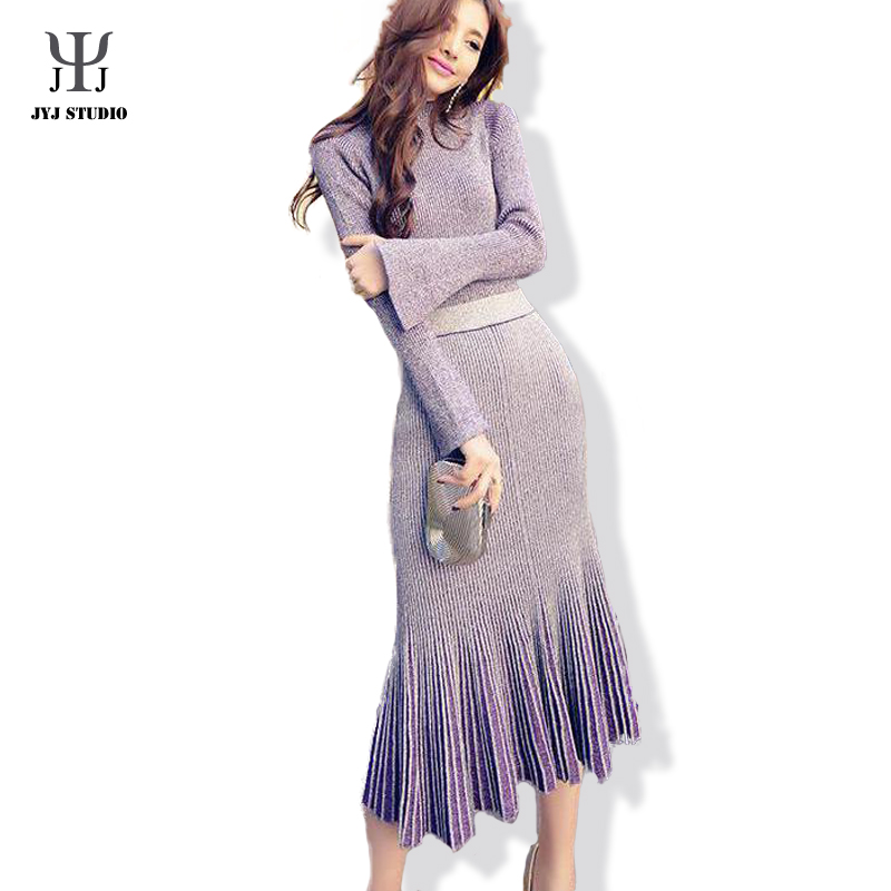Sexy Knitted Skirt Suits Sets Elegant Womens Skirt Suit Long Sleeve Two Piece Set Fishtail Purple Skirt Suit Sweater Cuff Split