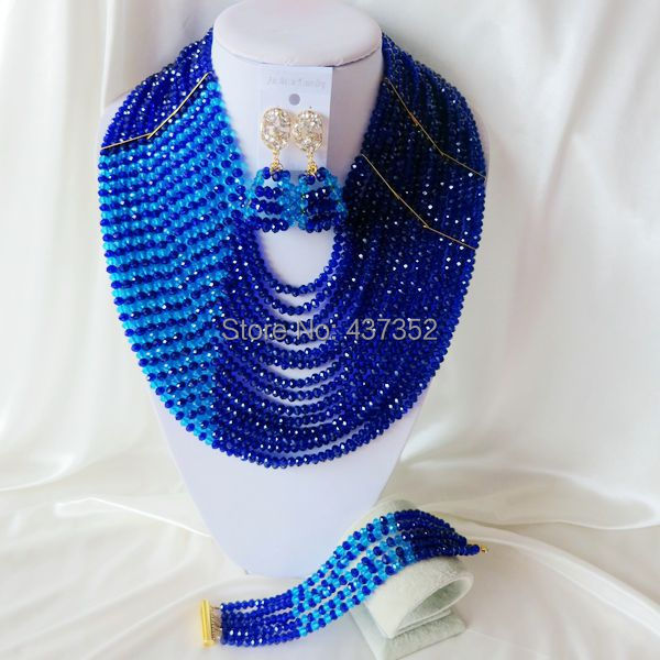 15 layers Royal blue and Turquoise blue Crystal Necklaces Bracelet Earrings Nigerian African Wedding Beads Jewelry Set  CPS-2320