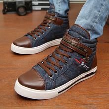 2015 Men Spring and Autumn Fashion Rubber Cotton Fabric Solid Lace-up Casual High Top Cowboy Buckle Zipper Denim Shoes