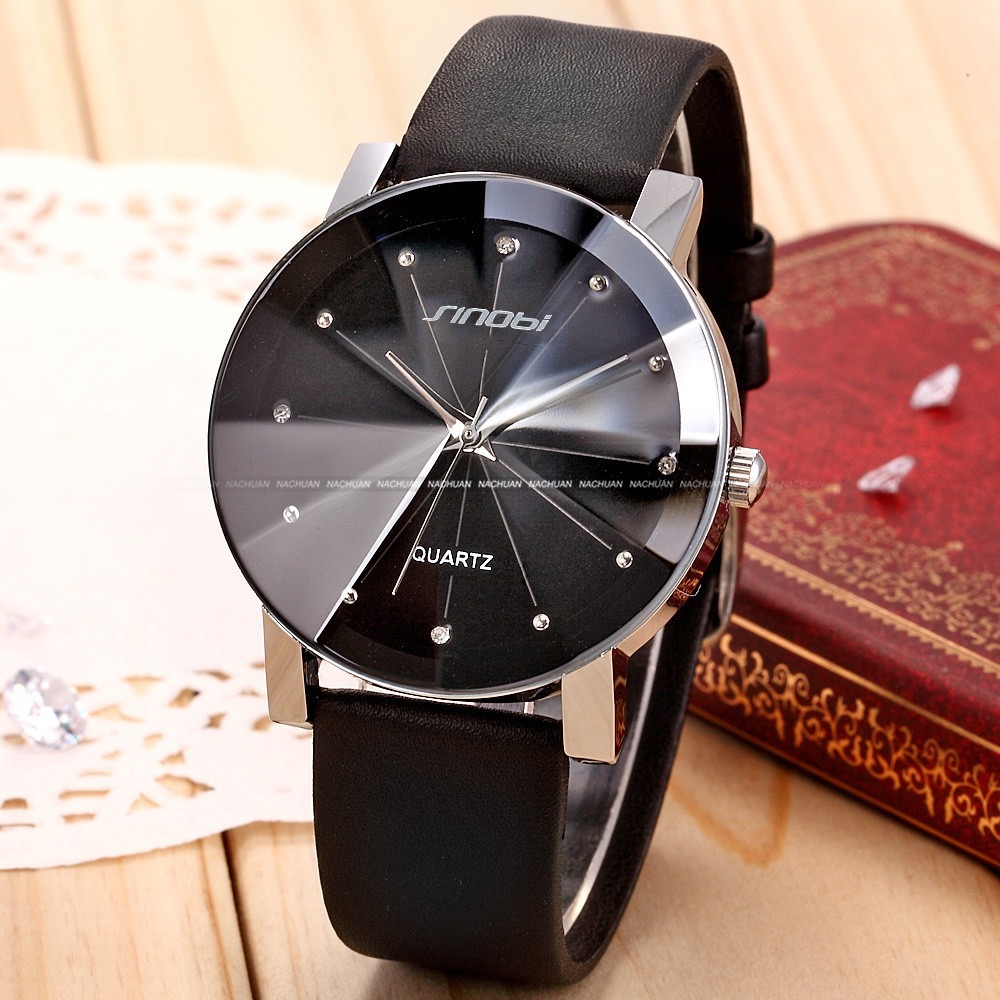 Classical Elegant Crystal Quartz PU Leather Strap Fashional Lady men Lovers Wrist Watch prism flat mirror
