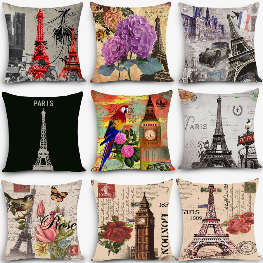 High quality decorative throw pillow Paris Eiffel Tower Print Home Decorative Cushion Vintage Cotton Linen Square MYJ-G3