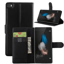 Slim Luxury Handmade PU Litchi Leather Wallet Case Carrying Folio Cover With Stand Function For Huawei P8 lite