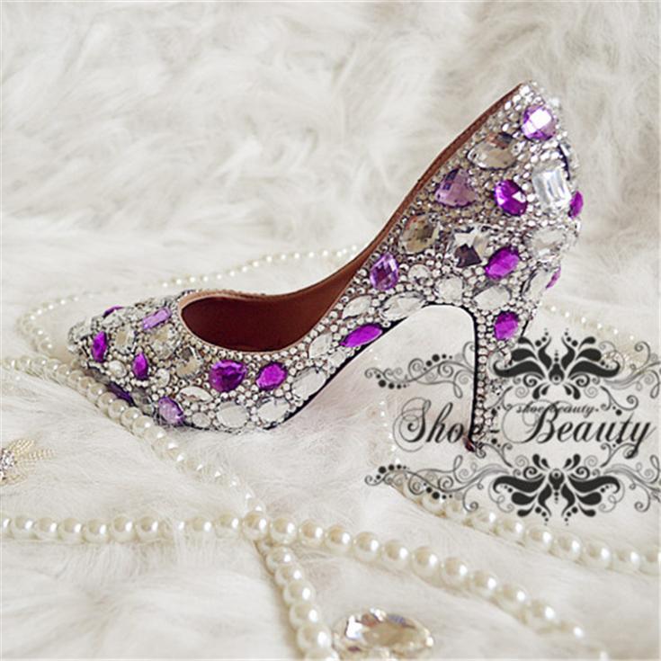 Здесь можно купить  Free shipping new wedding shoes handmade purple color rhinestone bridal shoes fashion crystal high heels pointed toe dress shoes  Обувь