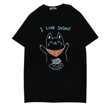 Couple Clothes New T shirt Men&Women 2016 Cats Print Cartoon I Like Sushi Short Sleeve Tee Shirt Femme Black/White Woman Tshirt