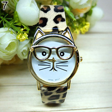 Women s Men s Cute Glasses Cat Case Faux Leather Analog Quartz Bracelet Wrist Watch 5Q8G