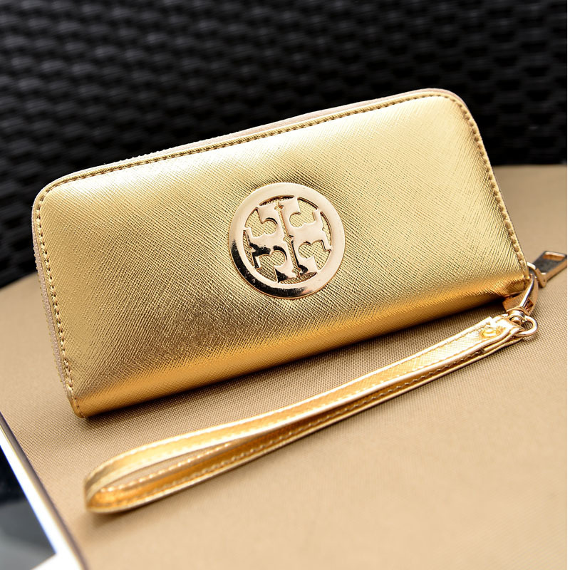 Hight quality of PU leather women wallets gold color with metal brand logo metallic looking 