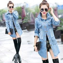 Fashion Women Jean Trench Casual Frayed Wash Denim Long Woman Jean Coat Slim Hole Trench Female Outwear Women Clothing Plus Size