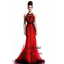 2016 Latest Red Vestidos De Fiesta Sexy O-neck Mermaid With Black Crystals Prom Dresses Open Back Sleeveless Party Gown CJ806