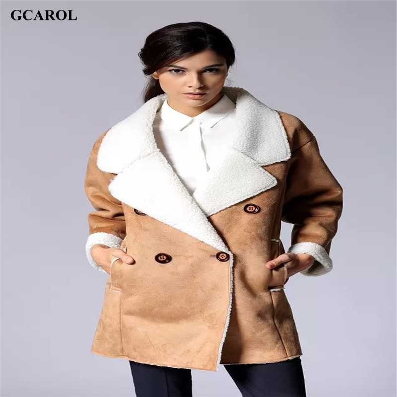 Women Elegant Suede Casual Coat Faux Lamb Lining Warm Jacket Turn-Down Collar OL Office Thick Winter Coat