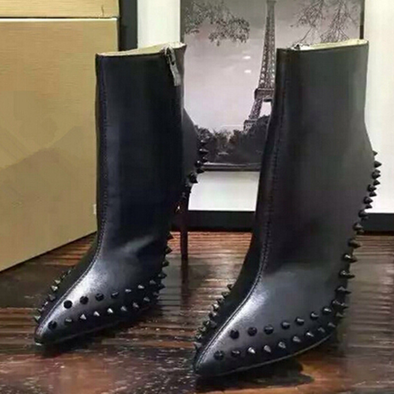 Winter Shoes Woman Luxury Botas Mujer Brand Women Boots Rivets Black Leather Ankle Boots High Heels