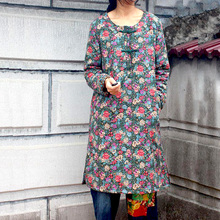 Folk style dress winter soft cotton retro floral long coat windbreak wind coat