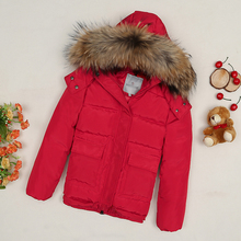 New style girl red jacket raccoon fur warm winter clothing / snowsuit clothes free shipping