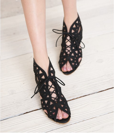 lace up hollow cage cut out open toe faux suede wedge heel sandals ...