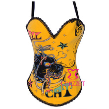 Latex Corset Gothic Women Lion Printed Yellow Cotton Pin Up Sexy Corselet Corseletes S/M/L/XL/XXL Bustier Crop Top With Straps