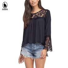 Vogue Shirts 2016 Summer Women Korean Style Casual Female Newest Black Round Neck Sheer Long Sleeve With Lace Loose Blouse